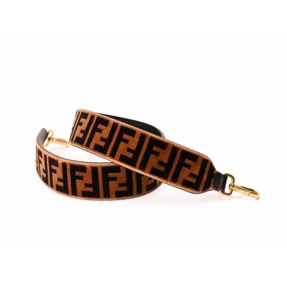 Fendi Strap FF Logo Velvet Tapestry Leather Bag Strap Brown Black Gold Hardware